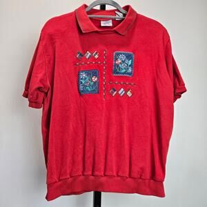 TanJay Women Red‎ Floral Embroidered Patchwork Short Sleeve Polo Sweater L